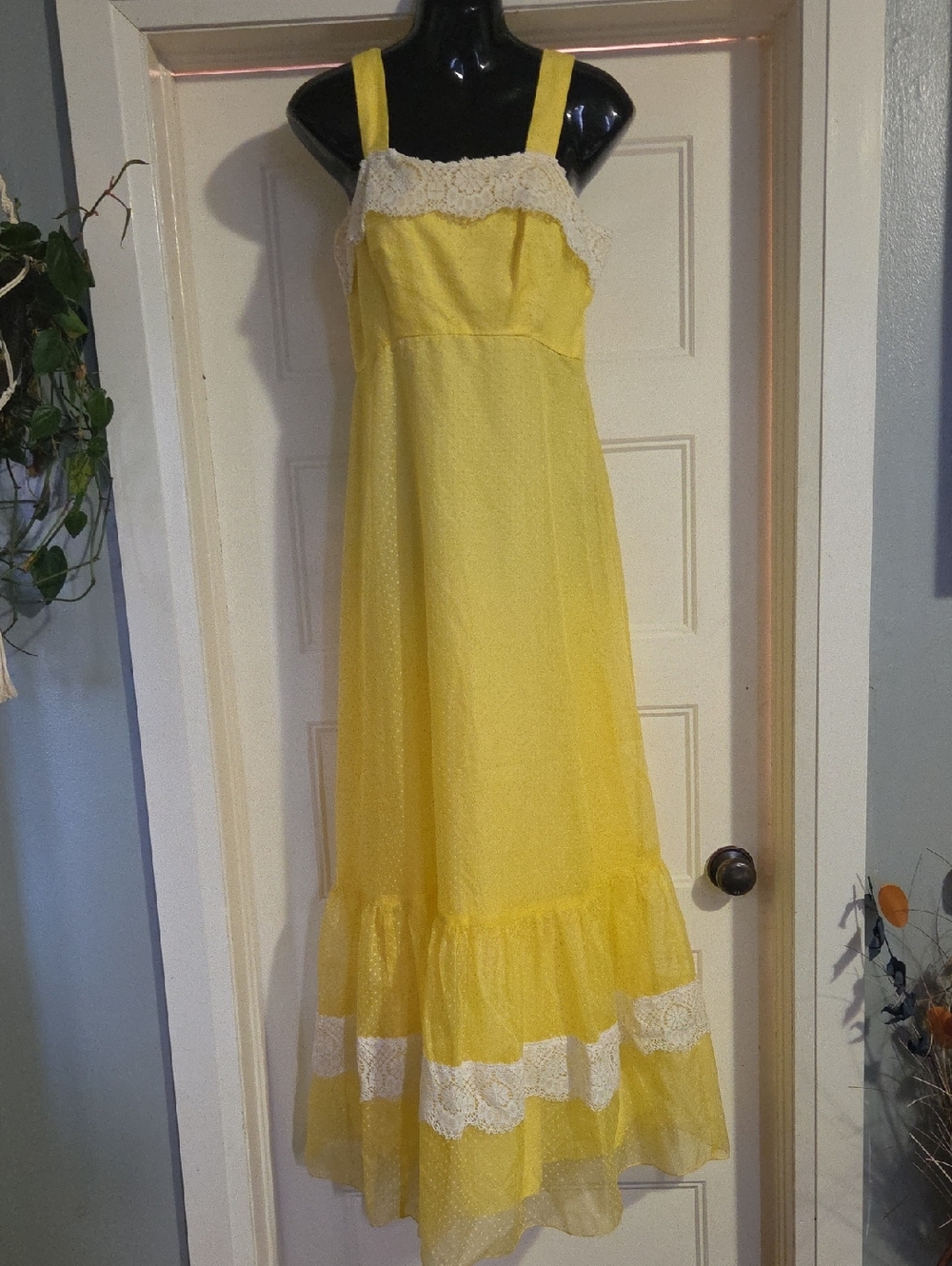 Yellow Maxi Dress with White Lace Trim